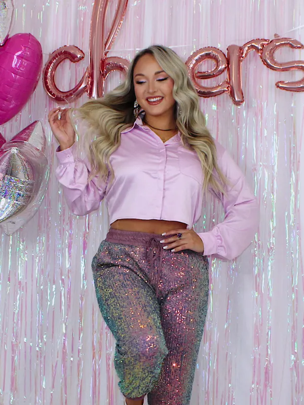 New Beginnings Satin Long Sleeve Button Front Crop Top, Lilac