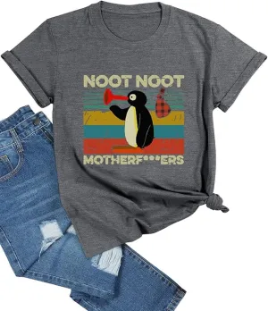 NEW Hubery Womens Cute Saying Shirt Noot Noot Motherfuckers Funny T-Shirt Penguin Graphic Tops, Heather Grey, Small