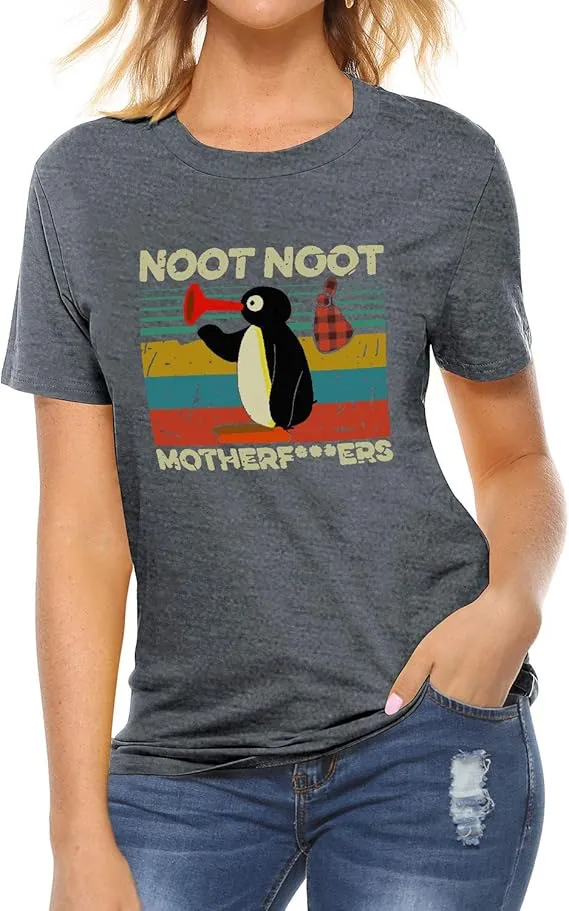 NEW Hubery Womens Cute Saying Shirt Noot Noot Motherfuckers Funny T-Shirt Penguin Graphic Tops, Heather Grey, Small