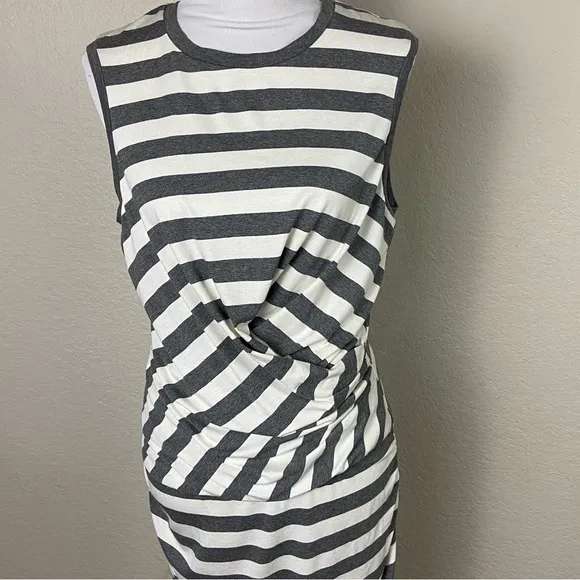 Nicole Miller Artelier Gray White Striped Ruched Bodycon Dress Size Large