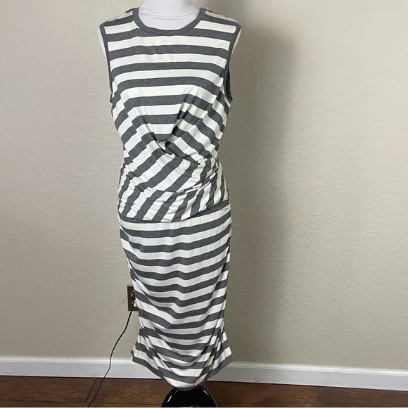 Nicole Miller Artelier Gray White Striped Ruched Bodycon Dress Size Large