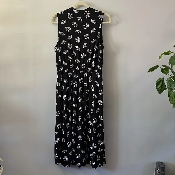 NWT Anne Klein Black White Floral Sleeveless Midi Dress Sundress Pocket Size 10