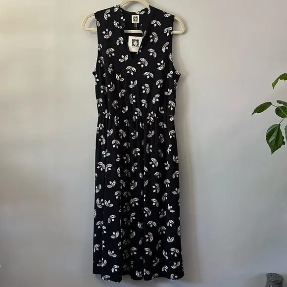 NWT Anne Klein Black White Floral Sleeveless Midi Dress Sundress Pocket Size 10