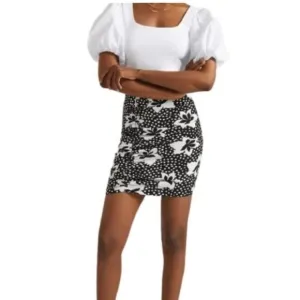 NWT Anthropologie Porridge Black White Floral Print Ruched Mini Skirt