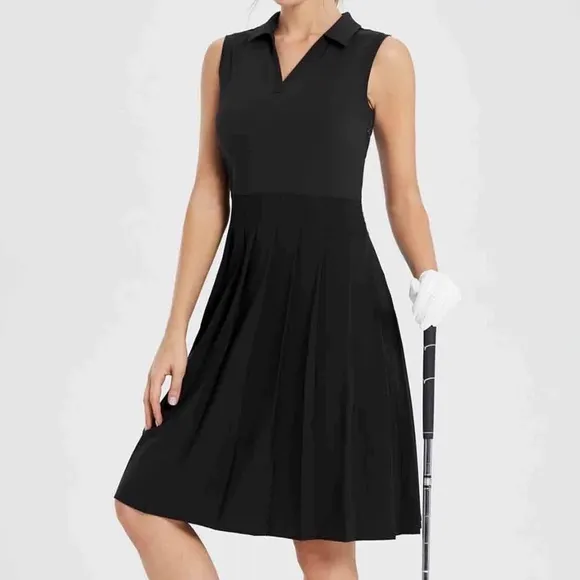 NWT BEALEAF Laureate UPF 50  Sleeveless Pleated Skirt Black Sports Dress