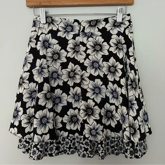 NWT Kade Spade Hollyhock Double Layer Silk Blend Black Floral Print Mini Skirt