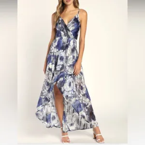 NWT Lulu’s An Enchanting Dream Navy Multi Print High-Low Maxi Dress Size L