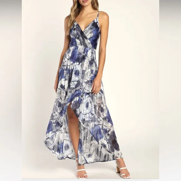 NWT Lulu’s An Enchanting Dream Navy Multi Print High-Low Maxi Dress Size L