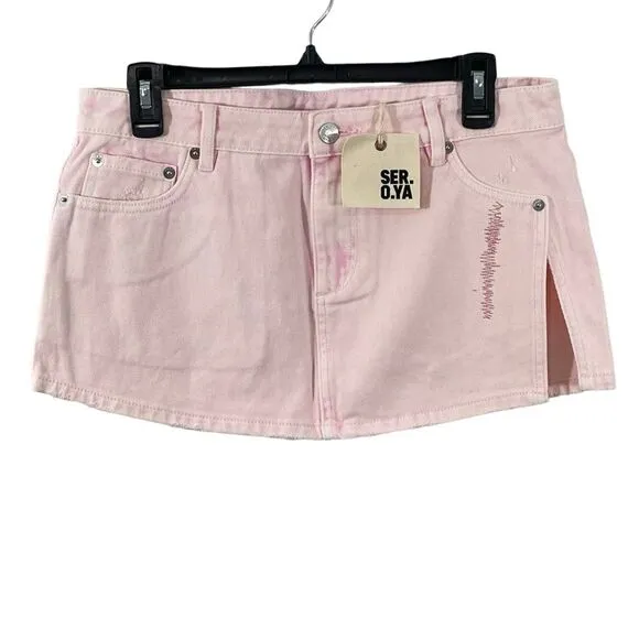 NWT SER.O.YA Zuri Low Rise Denim Mini Skirt in Bleach Pink Size 27 Style 1496-16