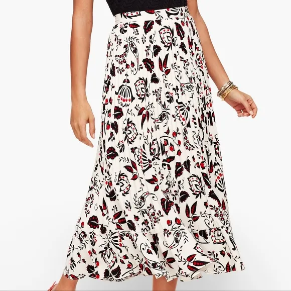 NWT Talbots White Berry Paisley Pleated Flounce Hem Maxi Skirt 12