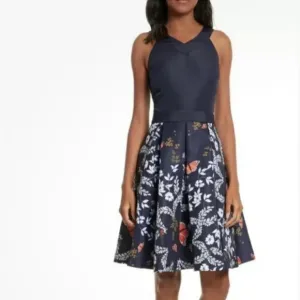 NWT Ted Baker Navy Butterfly Dress Pleated Skirt Size 2