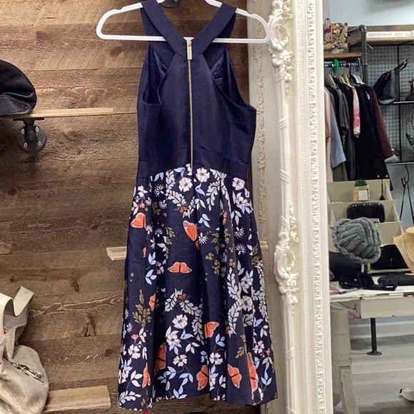 NWT Ted Baker Navy Butterfly Dress Pleated Skirt Size 2