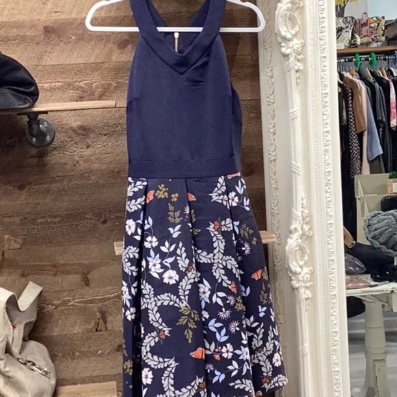NWT Ted Baker Navy Butterfly Dress Pleated Skirt Size 2