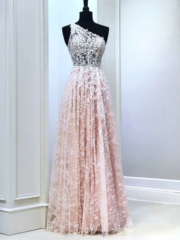 One Shoulder Pink Lace Long Prom, Long Pink Lace Formal Graduation Evening