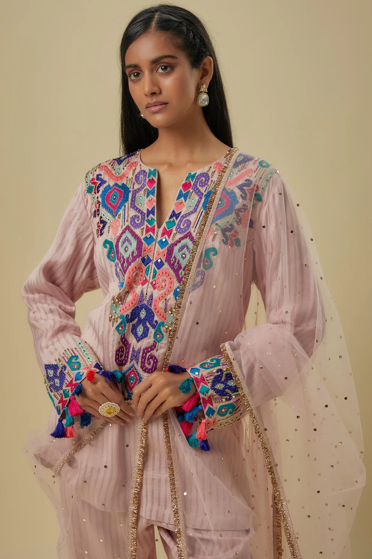 Onion pink stripes chanderi short kurta set