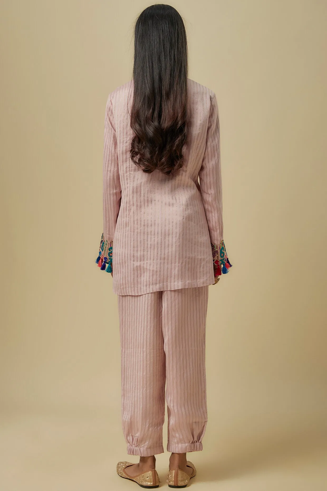 Onion pink stripes chanderi short kurta set