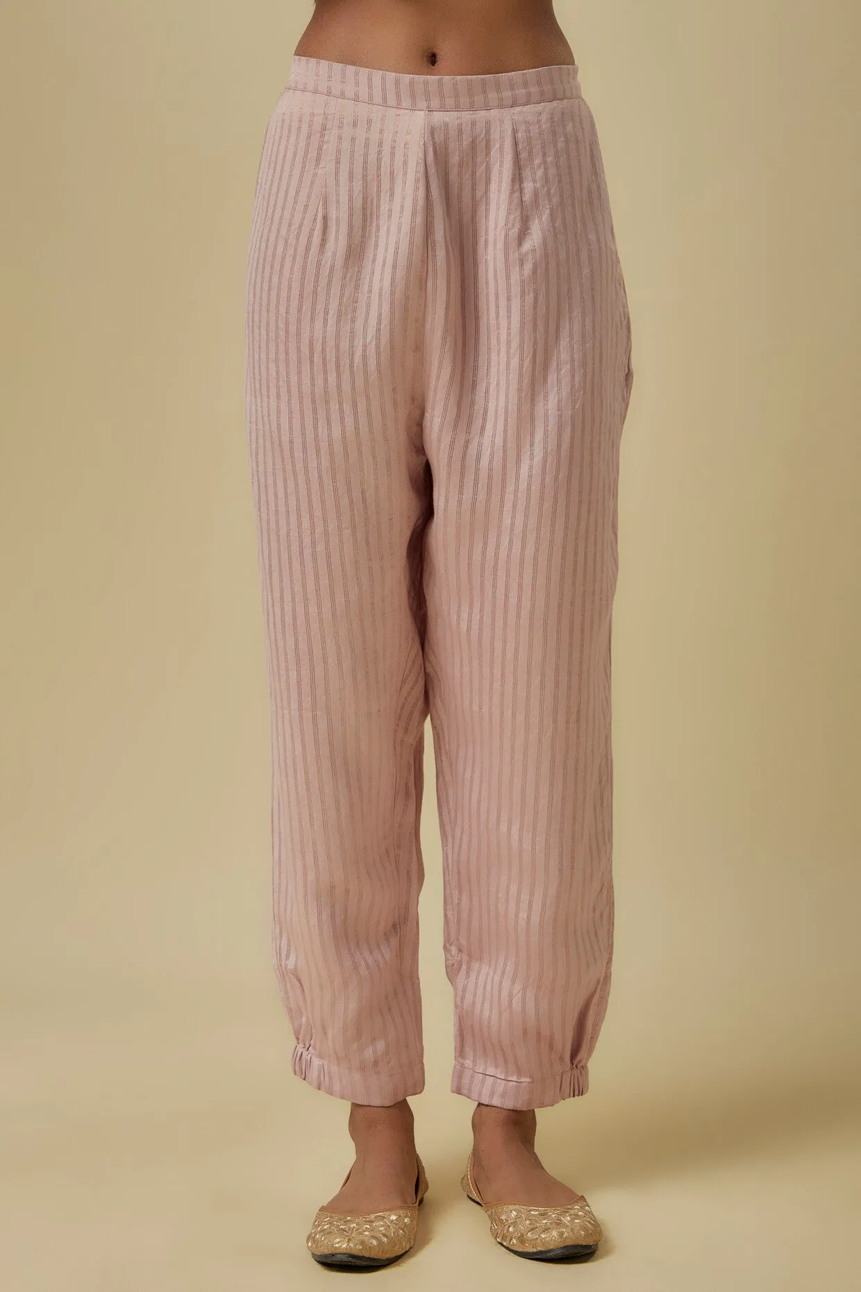 Onion pink stripes chanderi short kurta set