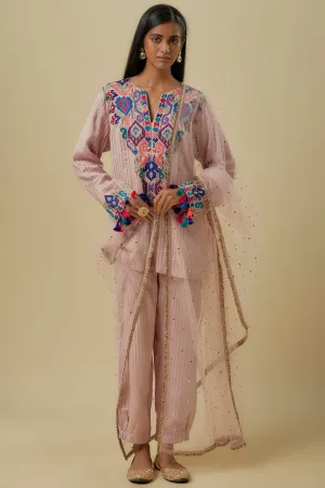 Onion pink stripes chanderi short kurta set