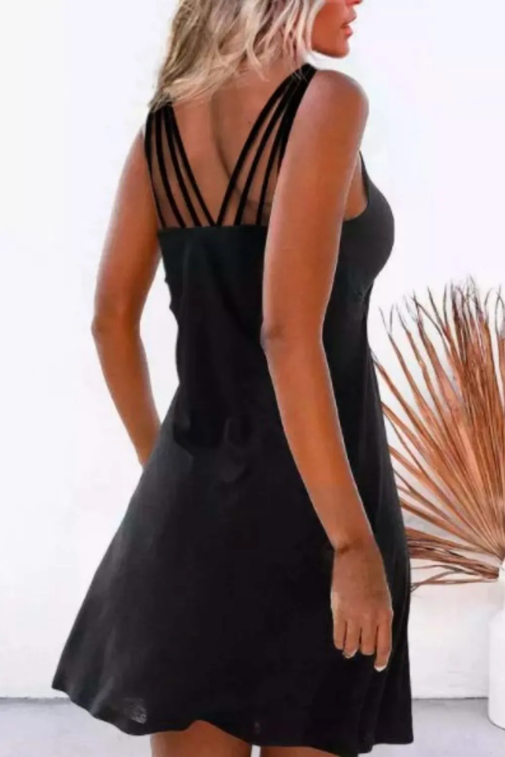 Open Back Spaghetti  Strap Mini Dress In Black
