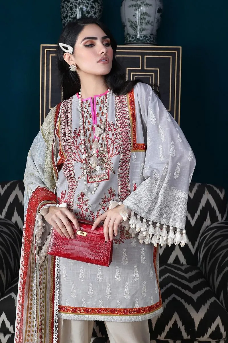 Pakistani designer slub outfit for casual wear in cloud grey color # P2398