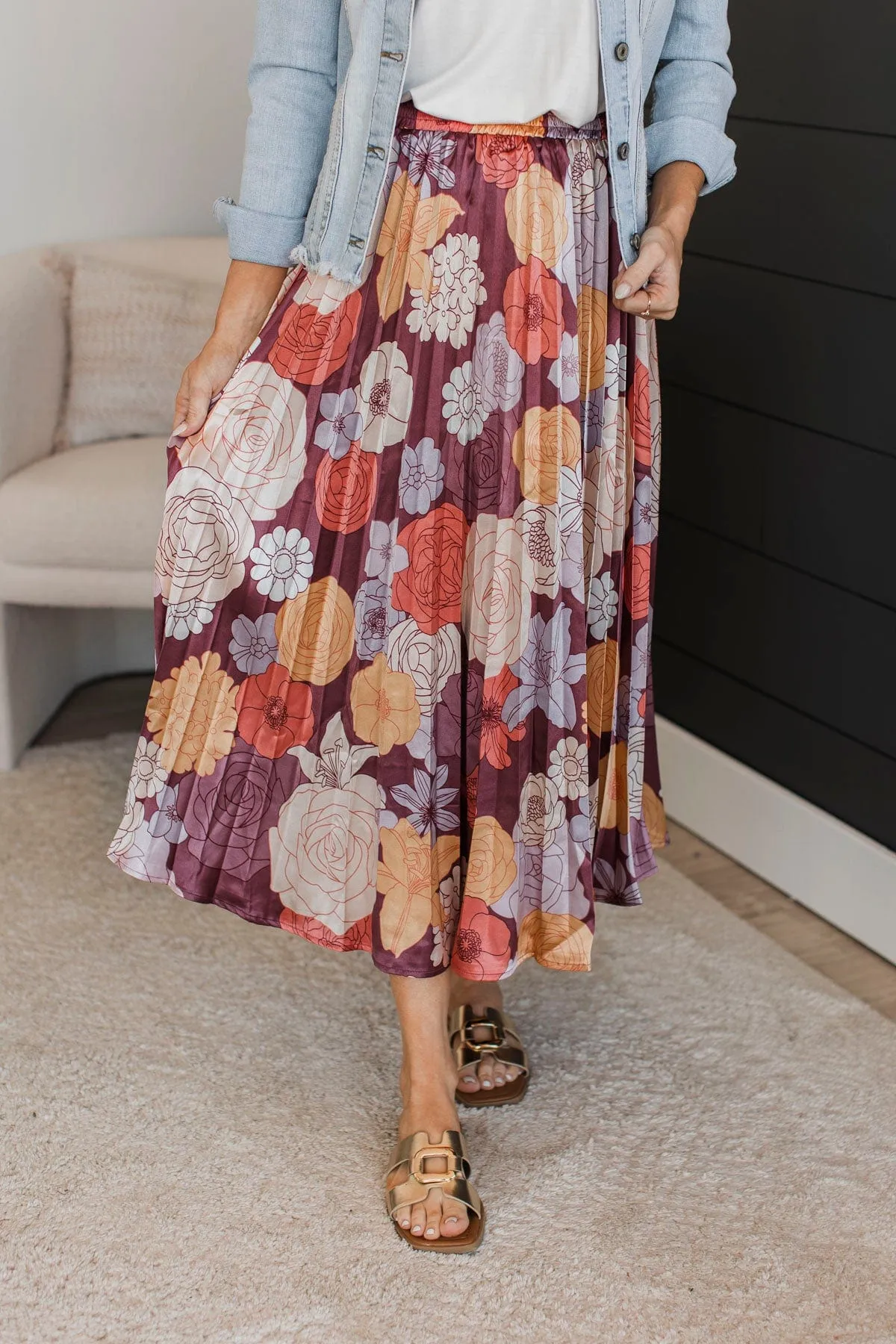 Perfect Like You Pleated Floral Skirt- Maroon