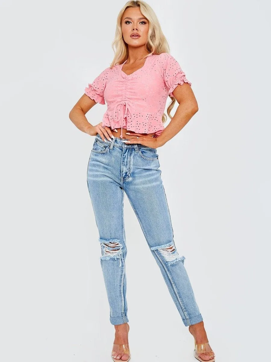 Pink Anglaise Ruched Front Crop Top