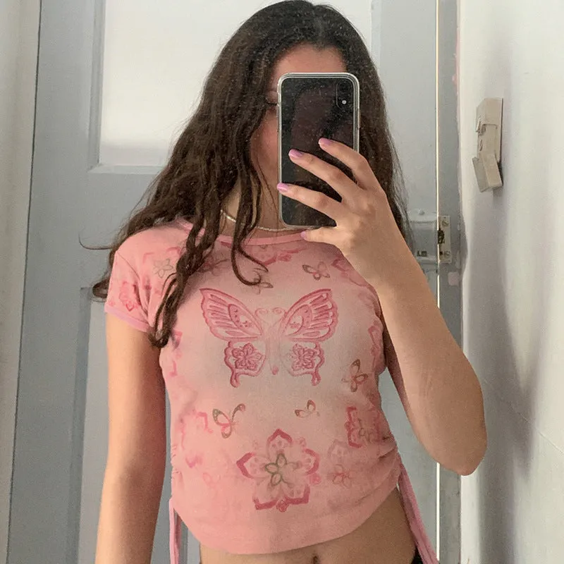 Pink butterfly print T-shirt  KF81224