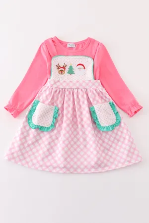 Pink Christmas Santa Reindeer Tree Embroidery Girl Dress Set