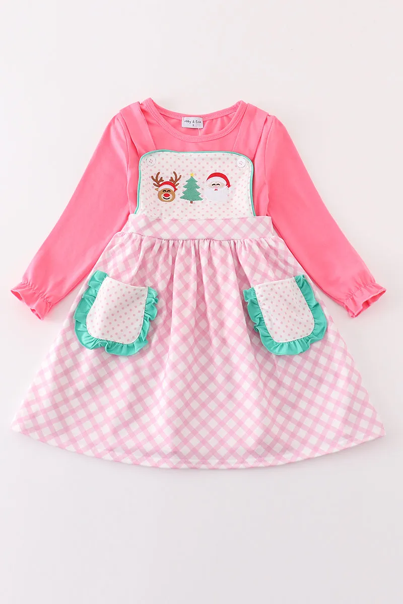 Pink Christmas Santa Reindeer Tree Embroidery Girl Dress Set