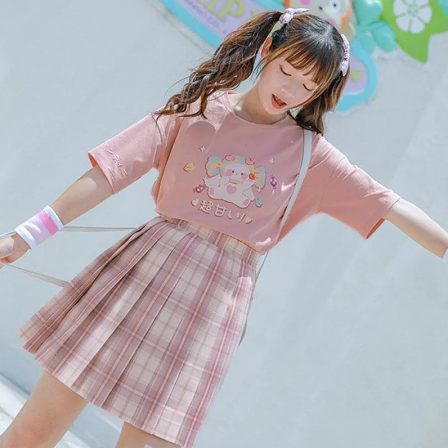 Plaid JK Uniform Pink A-line Pleated Skirt mp005923