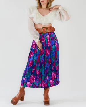 Pleated Floral Silk Jacquard Skirt