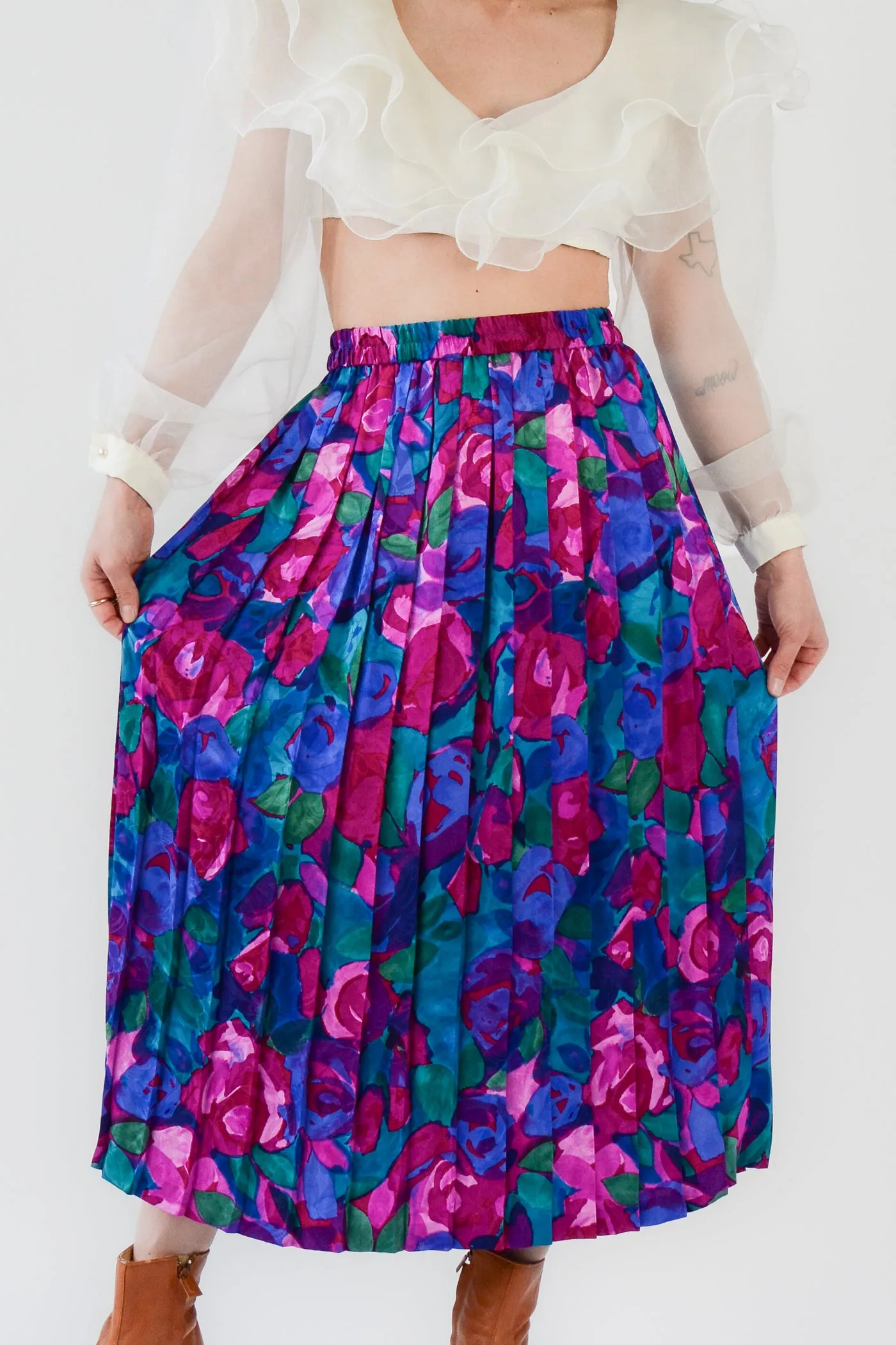Pleated Floral Silk Jacquard Skirt