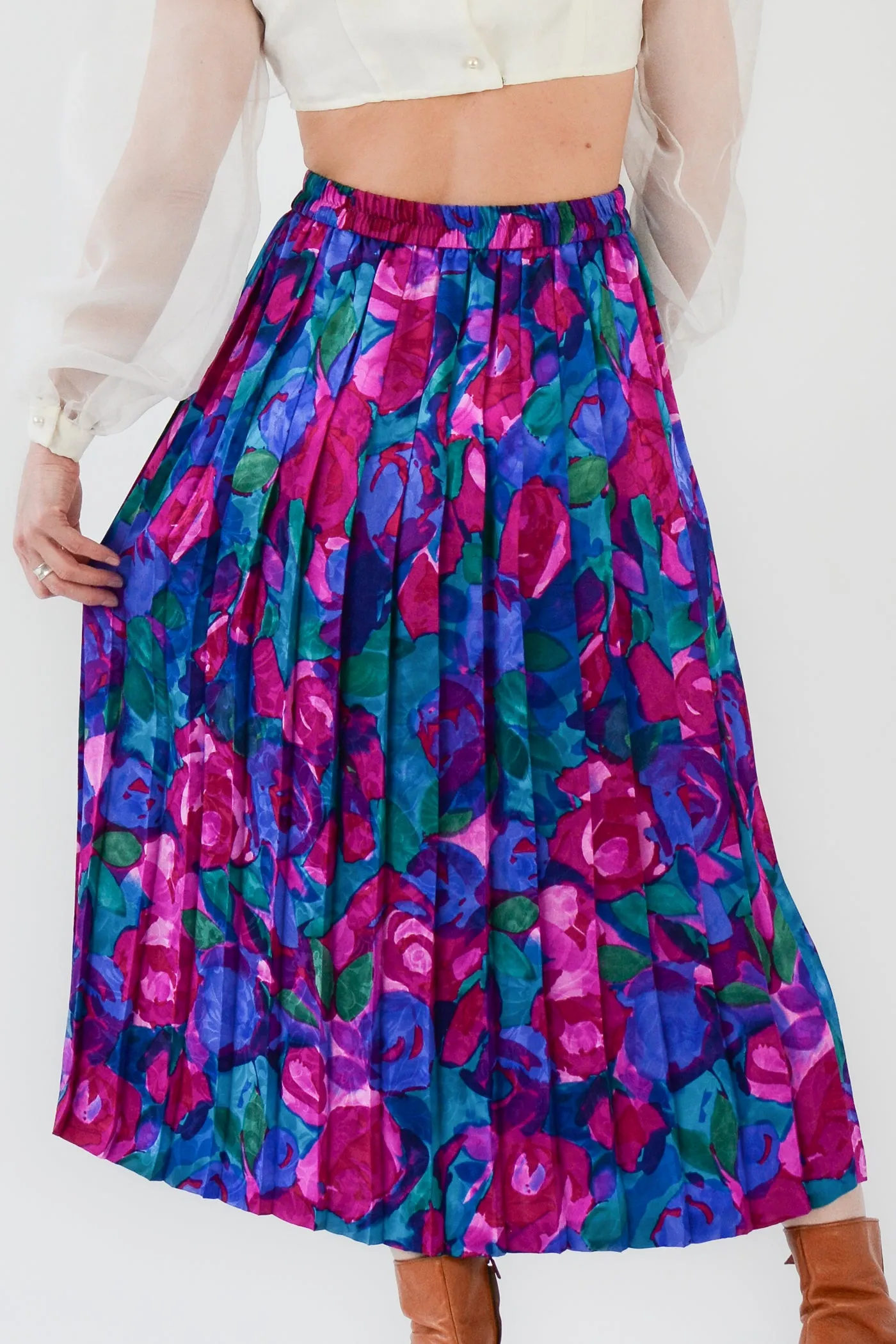 Pleated Floral Silk Jacquard Skirt