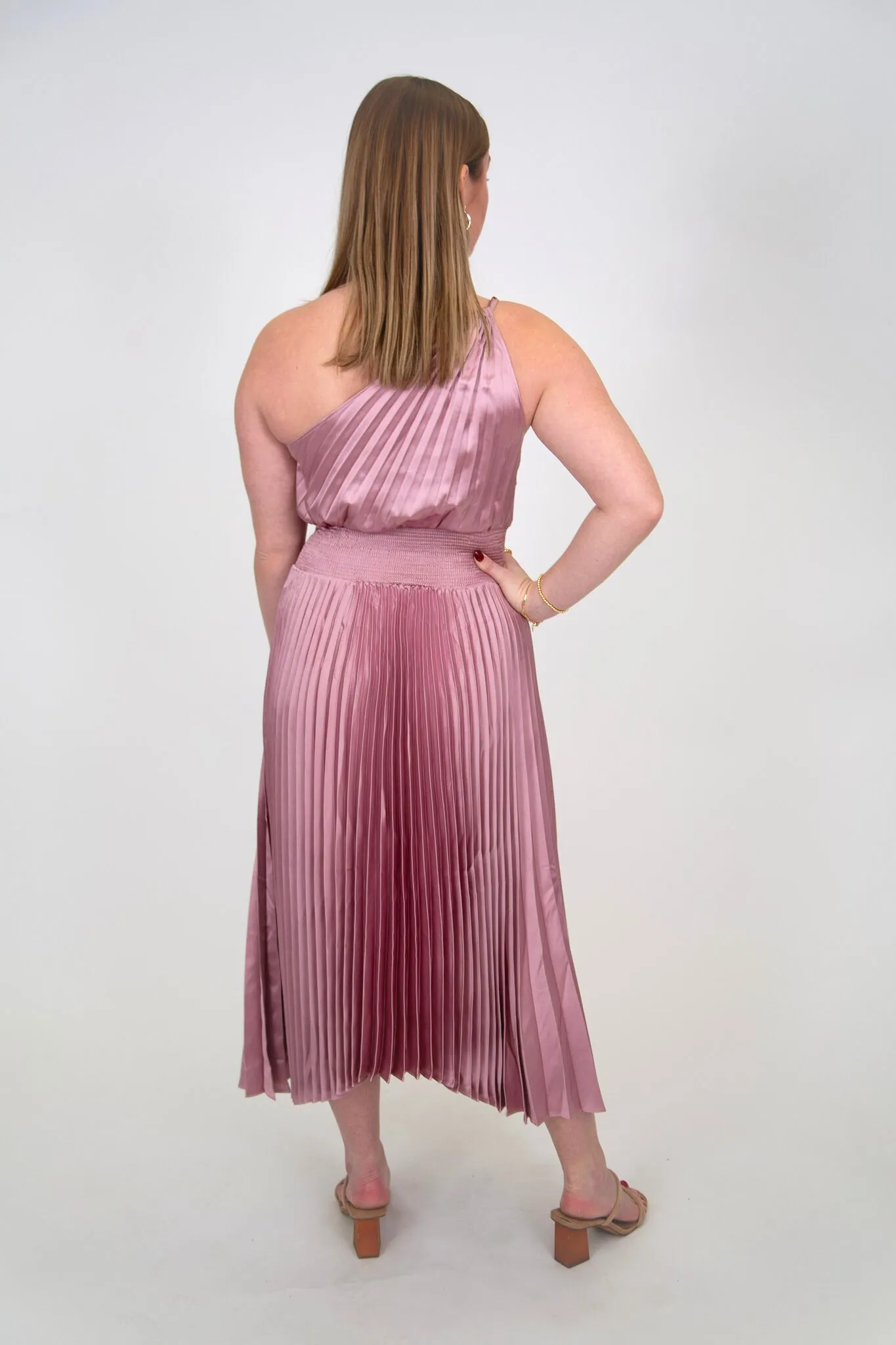 Pleated One Shoulder Midi Dress | Blush