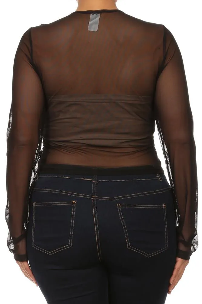 Plus Size Long Sleeve Mesh Babe Crop Top