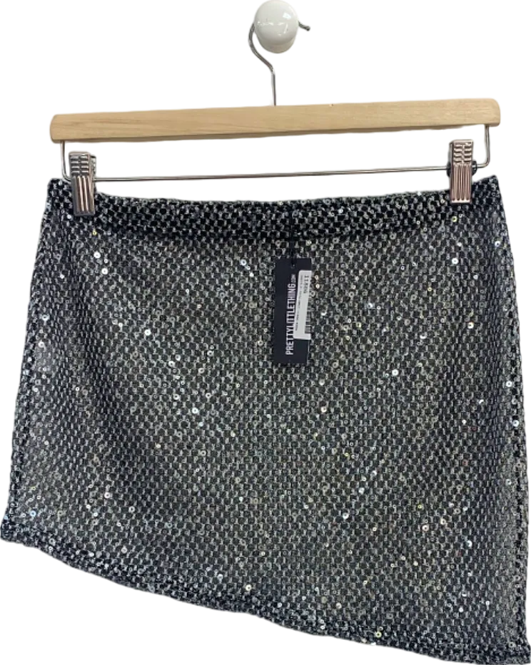 PrettyLittleThing Black Sequin Sheer Mini Skirt UK 10