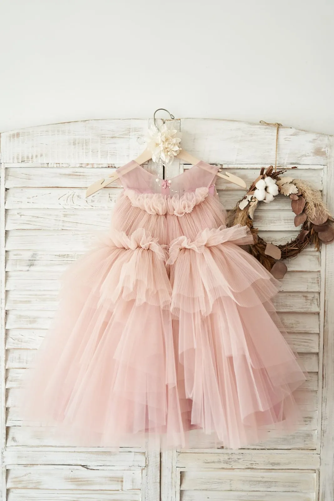 Princess Mauve Tulle V Neck Wedding Flower Girl Dress, Beading