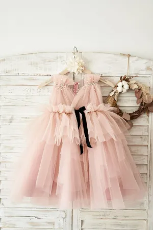 Princess Mauve Tulle V Neck Wedding Flower Girl Dress, Beading