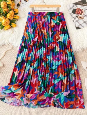 Privé Floral Print Pleated Midi Skirt