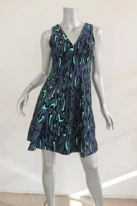 Proenza Schouler Dress Navy Flocked Animal Print Size 0 Sleeveless V-Neck