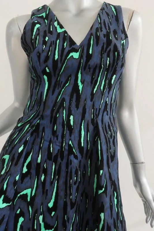 Proenza Schouler Dress Navy Flocked Animal Print Size 0 Sleeveless V-Neck