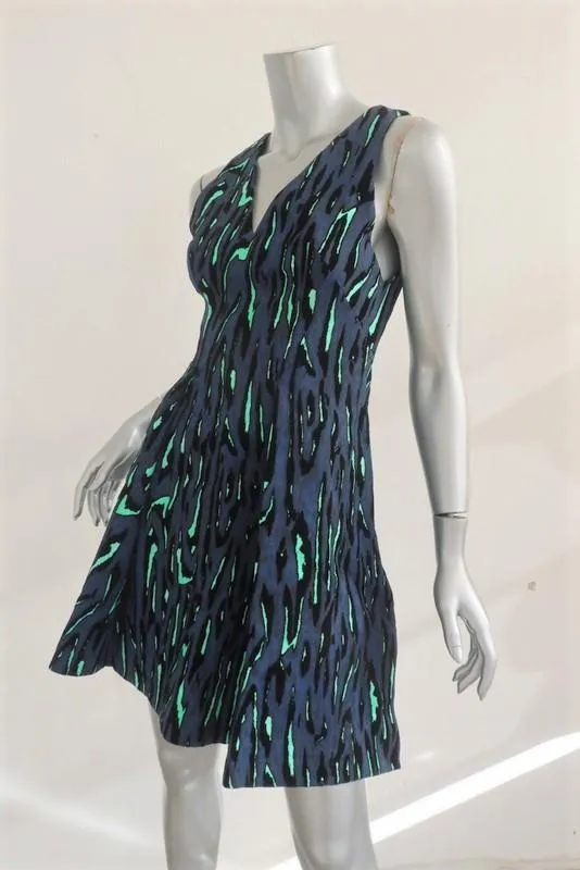 Proenza Schouler Dress Navy Flocked Animal Print Size 0 Sleeveless V-Neck