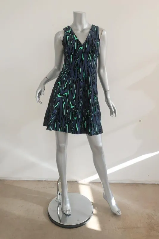 Proenza Schouler Dress Navy Flocked Animal Print Size 0 Sleeveless V-Neck
