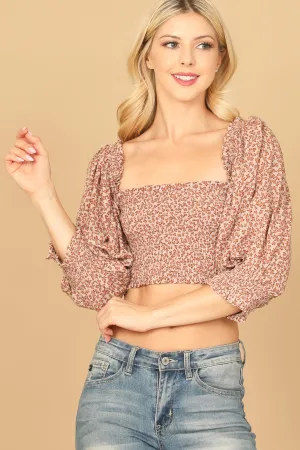 PUFF SLEEVE SHIRRING CROP TOP