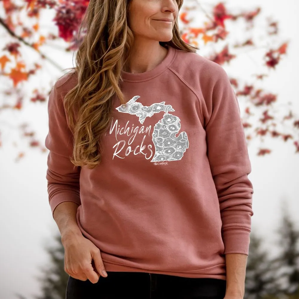 "Michigan Rocks Petoskey Stone" Relaxed Fit Angel Fleece Pullover Unisex Crew CLEARANCE