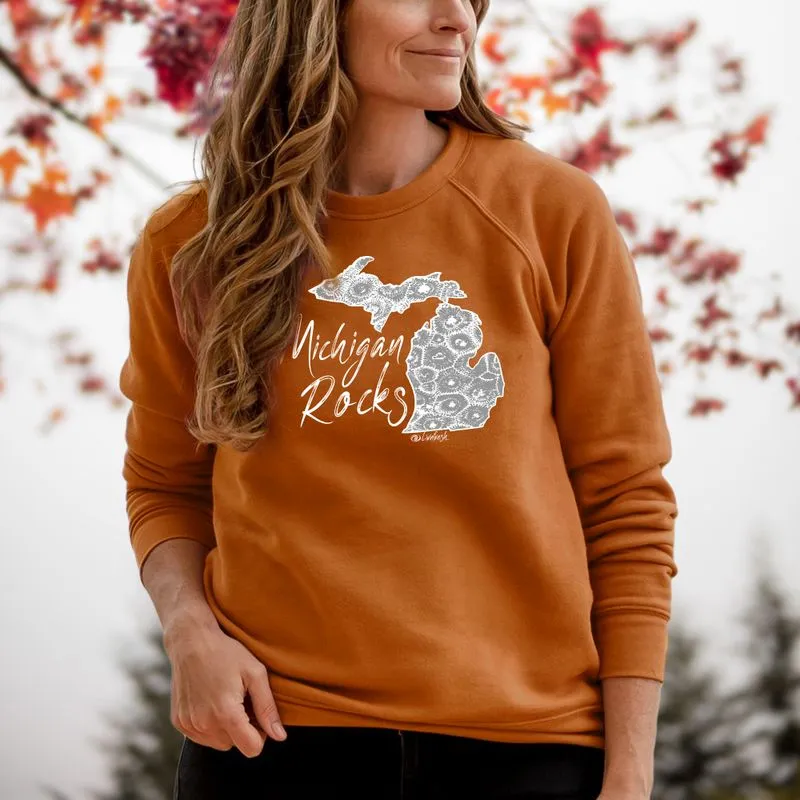 "Michigan Rocks Petoskey Stone" Relaxed Fit Angel Fleece Pullover Unisex Crew CLEARANCE