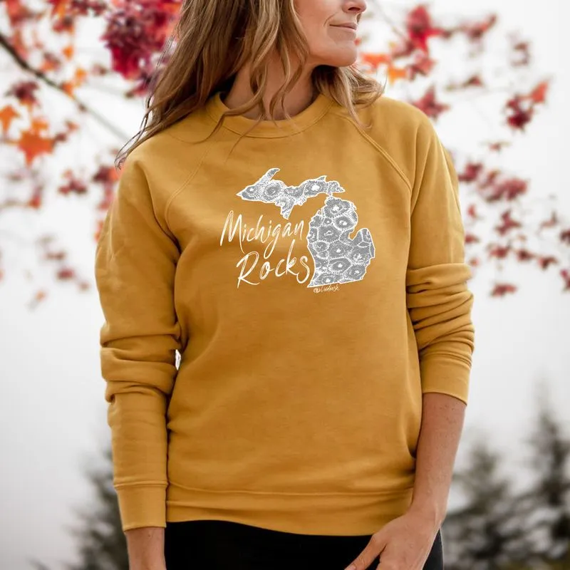 "Michigan Rocks Petoskey Stone" Relaxed Fit Angel Fleece Pullover Unisex Crew CLEARANCE