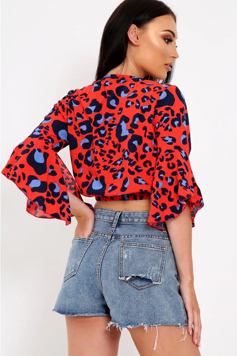 Red Leopard Print Ruched Crop Top - Damira