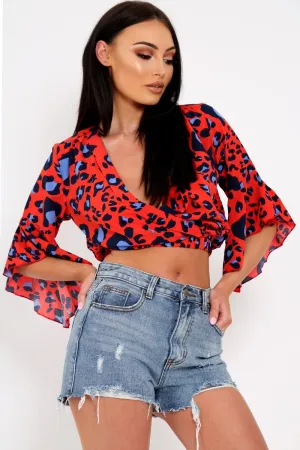 Red Leopard Print Ruched Crop Top - Damira