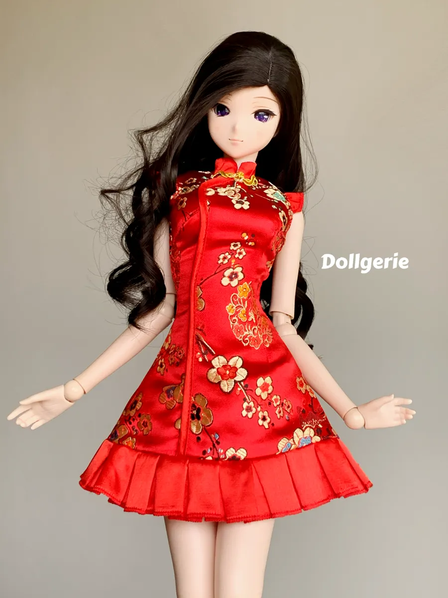 Red Oriental Neck Embroidery Skater Dress